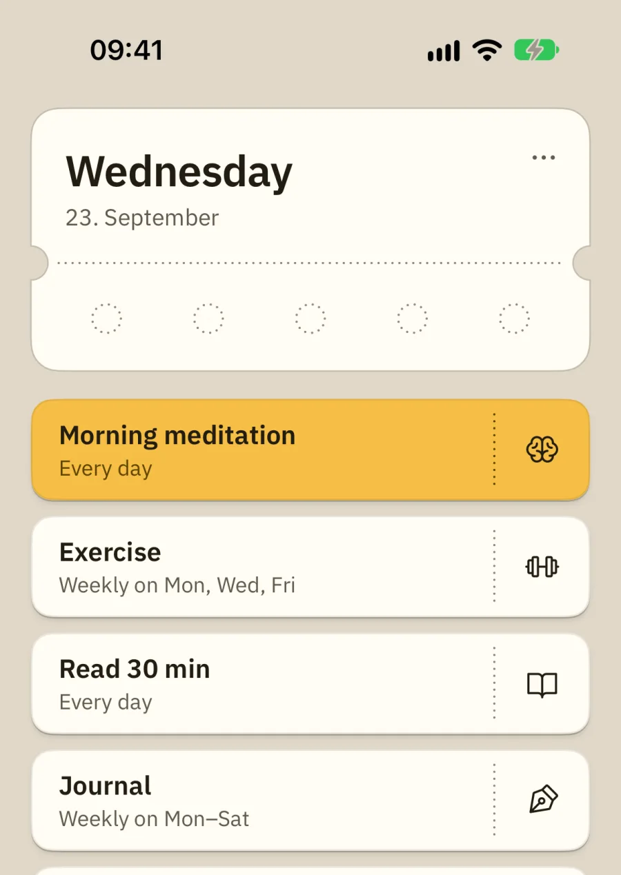 The app: today’s ticket with five empty holes, and five routines under it. The first, Morning meditation, is on yellow.