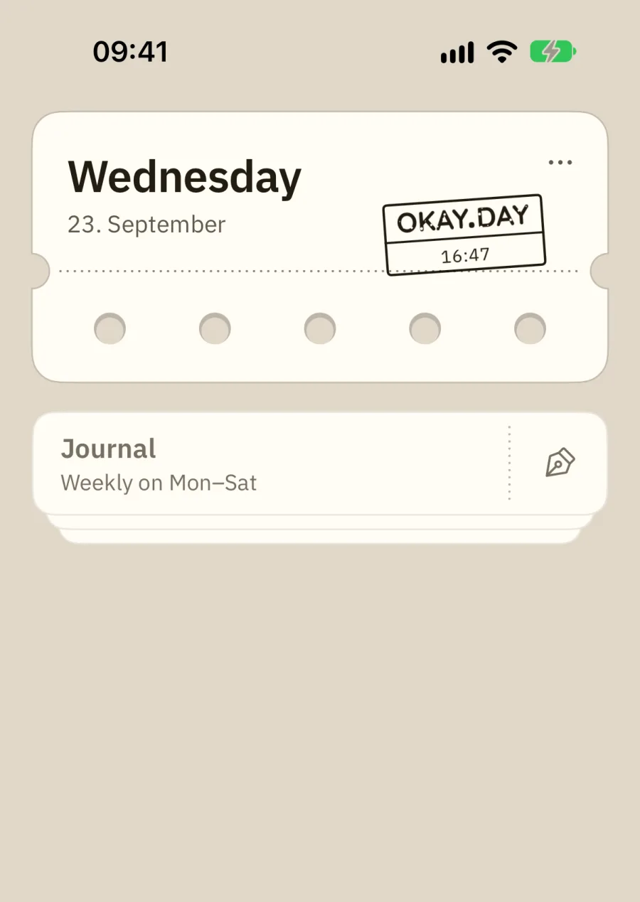 The app: all five holes punched and the ticket stamped OKAY.DAY at 18:44.