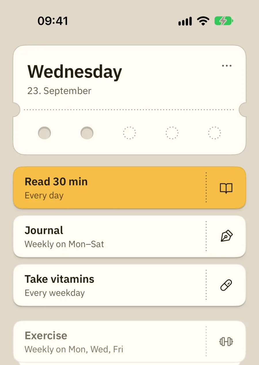 The app: two holes punched through the ticket. The done tasks lie on a pile, and Read 30 min is on yellow.
