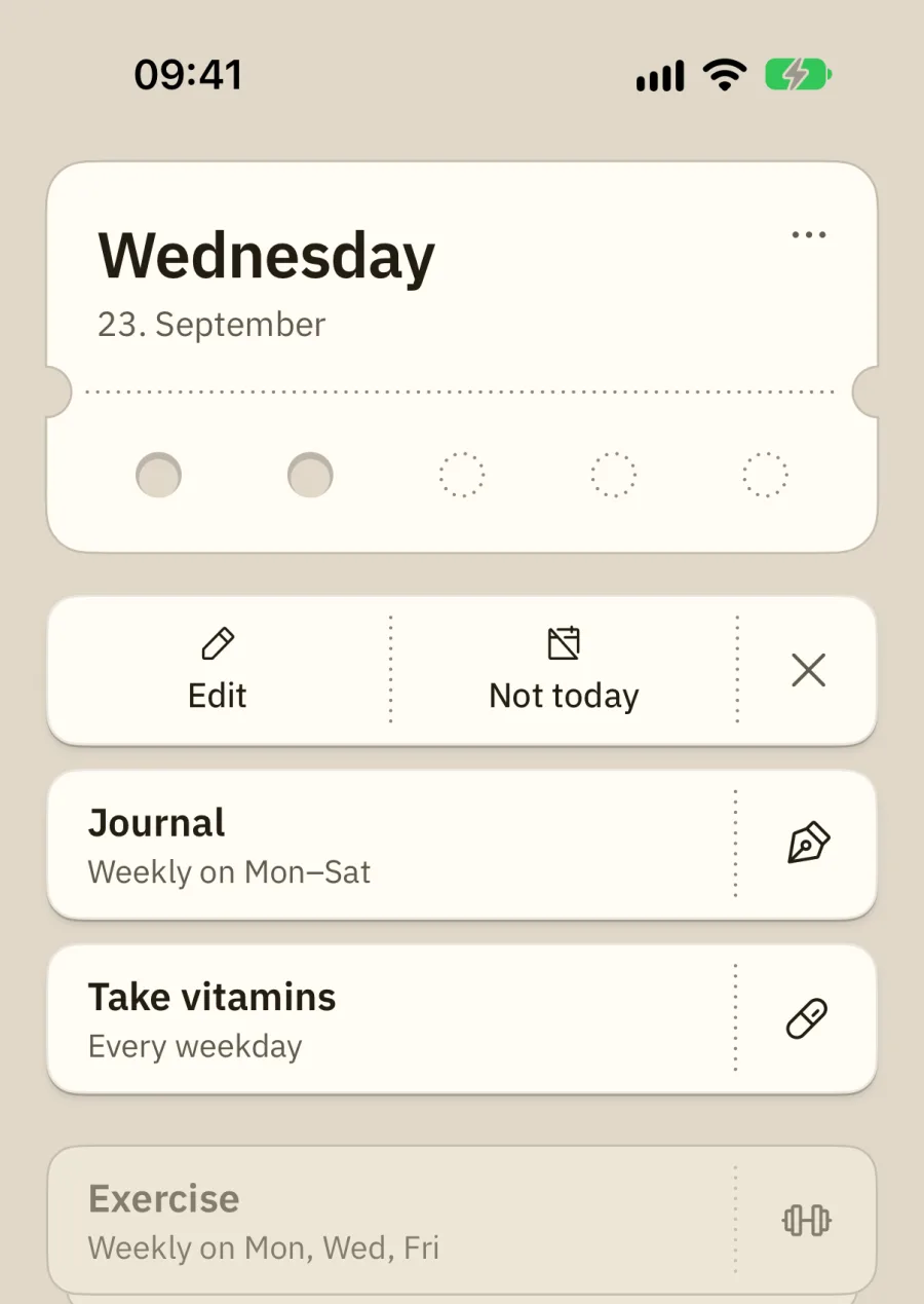 The app: a task turned over, showing Edit, Not today and a close button.