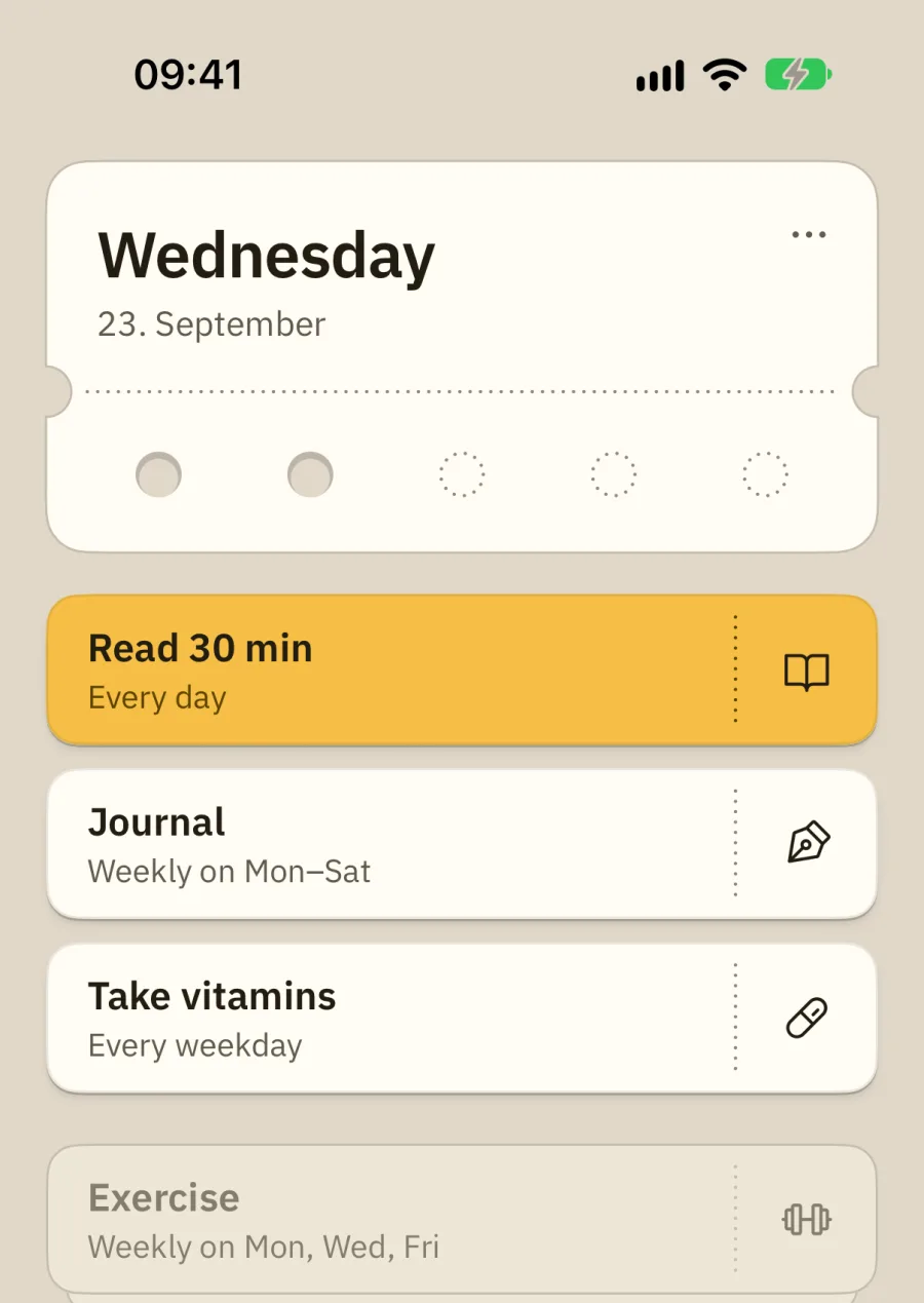 The app: two holes punched through the ticket. The done tasks lie on a pile, and Read 30 min is on yellow.