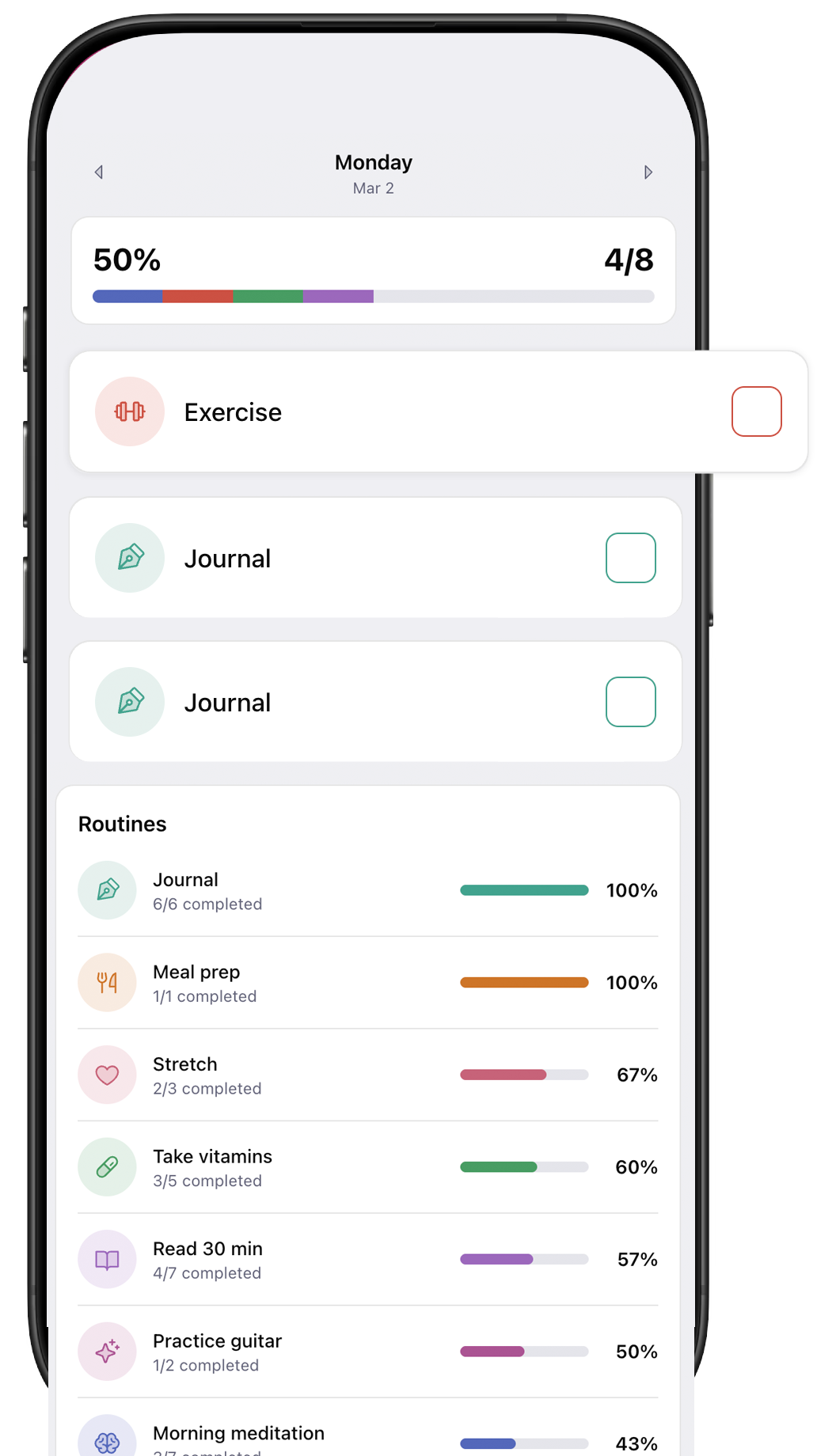 Okay.day app — today view with routine checklist